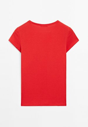 Red t-shirt with a crew neckline, short sleeves, and a smooth, soft texture. Simple design with no patterns or embellishments.