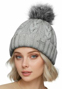Gray knitted beanie with a thick ribbed band, featuring a fluffy gray pom-pom on top and a small logo detail on the side.