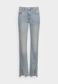 Jeans de ganga azul claro com cintura alta, design de perna reta e bainhas abertas nos tornozelos. Apresenta um estilo clássico de cinco bolsos e fecho com zip.