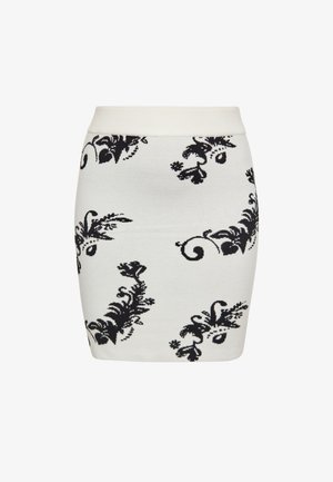 Krém színű kötött mini szoknya fekete virágmintákkal, formázott fazonnal és puha, rugalmas derékpánttal a kényelem érdekében.