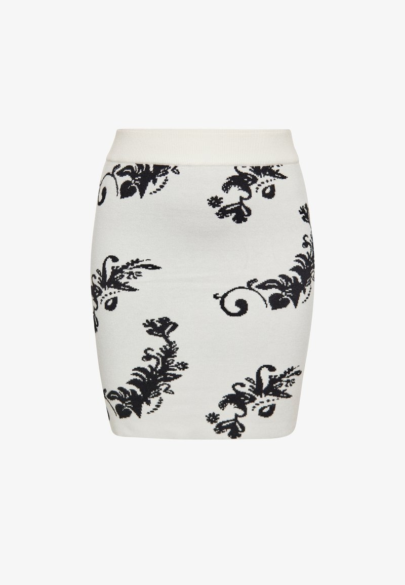 Strick-Minirock in Creme mit schwarzen Blumenmustern, mit einem figurbetonten Design und einem weichen, dehnbaren Bund für zusätzlichen Komfort.