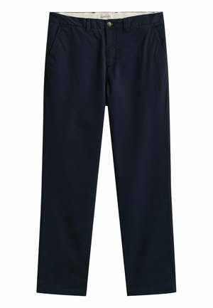 Marineblaue Chino-Herrenhose mit Vordertaschen, Gürtelschlaufen, Knopfverschluss und gebrandetem innerem Bund.