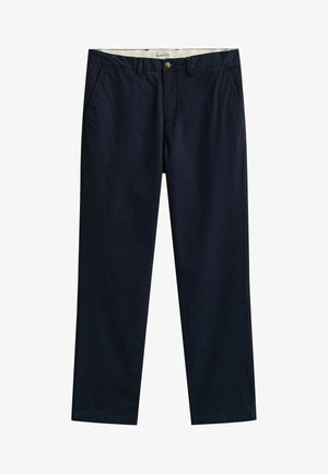 Marineblaue Chino-Herrenhose mit Vordertaschen, Gürtelschlaufen, Knopfverschluss und gebrandetem innerem Bund.