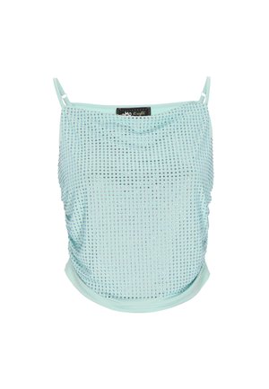 Mintgroene mouwloze top met een geplooide structuur, voorzien van een sprankelende zilveren studs patroon en een afgeronde zoomlijn. Zwarte etikette zichtbaar.
