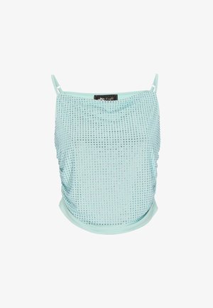 Mündroheline ilma varrukateta top, millel on kogutud tekstuur, särav hõbedaste studide mustriga ja ümar ääreline. Nähtav must silt.