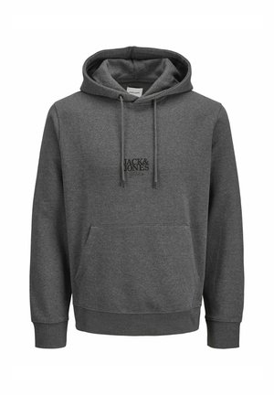 Huppari harmaana, jossa on nyöritys, vetoketjullinen design, etupuolella kengurupussi ja kirjailtu logo. Pehmeä kangas ja ribatyyliset hihansuut.