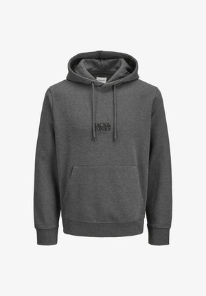 Sweat à capuche gris avec cordon de serrage, design pullover, poche kangourou à l'avant et logo brodé. Tissu doux et poignets côtelés.