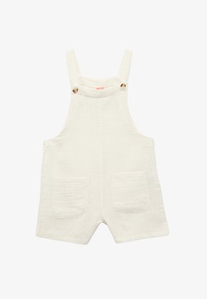 Salopette pour tout-petits de couleur crème, avec bretelles ajustables et deux poches avant, en tissu de coton texturé.