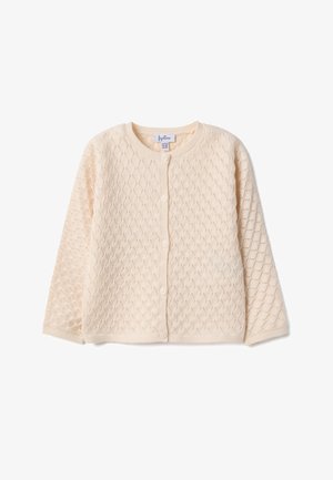 Cardigan en tricot beige clair avec motif losange, encolure ronde, fermeture à boutons sur le devant, manches longues et bords côtelés.