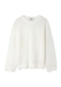 Pull blanc en maille côtelée avec un col rond, une coupe oversize et un ourlet effiloché. Il est doté de manches longues et d'un tissu texturé.