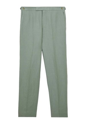 Lysegrønne skræddersyede bukser med sidelommer og knappedetaljer på linningen, lagt fladt på en hvid baggrund.
