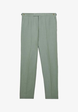 Lysegrønne skræddersyede bukser med sidelommer og knappedetaljer på linningen, lagt fladt på en hvid baggrund.