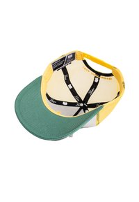 Multicolored cap with a green bill. Yellow mesh at the back, gray fabric sides. Interior features a black strap with white branding.