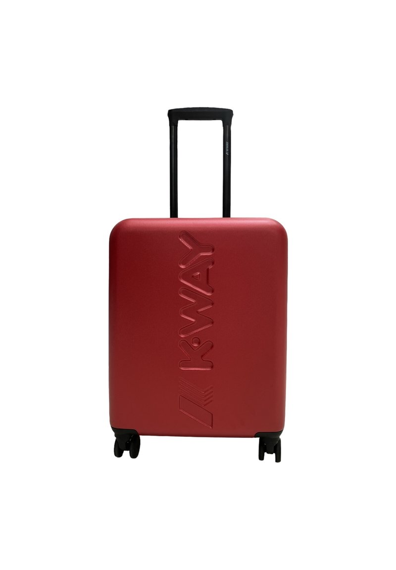 Valigia rigida rossa con logo "K-WAY" in rilievo, manico telescopico nero e quattro ruote nere per la mobilità. Finitura liscia e opaca.