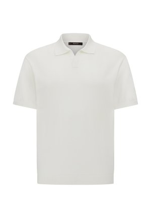 Short-sleeve polo shirt in white, made of smooth fabric. Features a classic collar and a straight bottom hem. No visible patterns or accents.