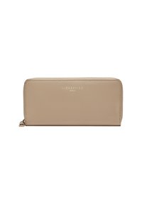 Cartera de cuero beige con cierre de cremallera, logo de la marca grabado en el frente y textura suave. Forma rectangular, diseño minimalista.