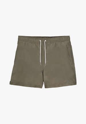 Shorts de bain pour homme en vert olive, fabriqués dans un matériau léger, avec une taille à cordon de serrage, des poches latérales et une finition ourlée.
