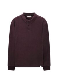 Dunkelviolettes Langarm-Polohemd mit zwei Knöpfen, gerippten Bündchen und einem weichen, strukturierten Stoff.