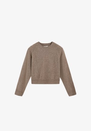 Brown knitted sweater with a round neckline, long sleeves, and openwork detailing on front and wrists. Cropped length with ribbed hem.