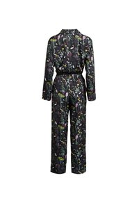 Black jumpsuit featuring a floral print in green, purple, and yellow. Long sleeves, collar, elastic waist, and wide leg design.