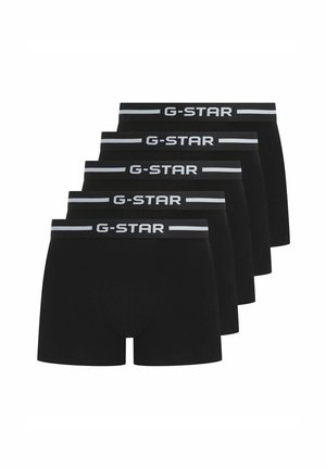 Schwarze Boxerbriefs im Fünferpack mit einem G-Star-Bund und einem grauen Streifen. Der Stoff erscheint glatt und elastisch.