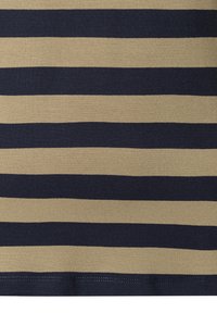 Gestreifter Stoff mit abwechselnden horizontalen Streifen in Marineblau und Khaki. Die Oberfläche erscheint glatt mit einer gestrickten Optik.
