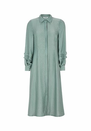 Lang, knap-op kjole i en lys grøn nuance. Har et tekstureret stof med krave og indsamlede, puffede ærmer.