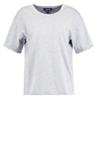 Graues Baumwoll-T-Shirt mit kurzen Ärmeln, Rundhalsausschnitt und lockerer Passform. Weiche Textur mit minimalen Nähten und ohne zusätzliche Muster.