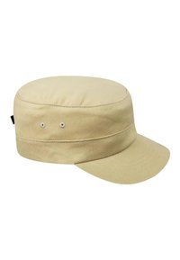 Canvas-Cap in hellem Beige mit runder Oberseite und steifem Schirm, der zwei Belüftungsösen auf der Vorderseite hat.