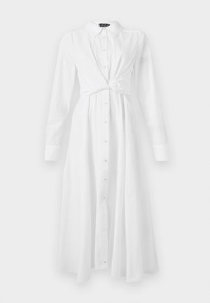 White long-sleeve shirt dress with a collar, button front, and knotted waist design; features a flowing, straight cut and soft texture.