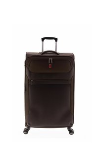 Brauner Hartschalenkoffer mit ausziehbarem Griff, Fronttasche und vier schwarzen Rollen für einfache Mobilität. Strukturierte Oberfläche und Reißverschlüsse aus Nickel.