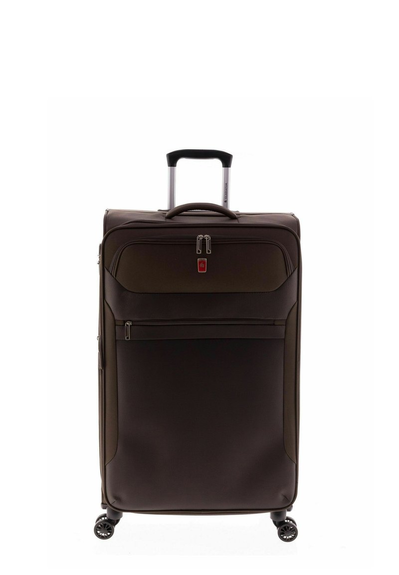Brauner Hartschalenkoffer mit ausziehbarem Griff, Fronttasche und vier schwarzen Rollen für einfache Mobilität. Strukturierte Oberfläche und Reißverschlüsse aus Nickel.