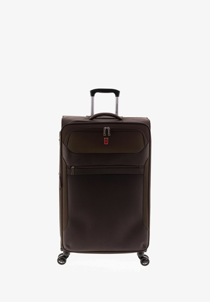 Brauner Hartschalenkoffer mit ausziehbarem Griff, Fronttasche und vier schwarzen Rollen für einfache Mobilität. Strukturierte Oberfläche und Reißverschlüsse aus Nickel.