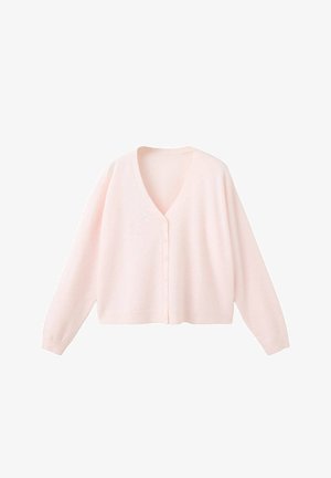 Cárdigan de manga larga en rosa claro con botones, cuello en V y puños acanalados, mostrado sobre un fondo blanco.