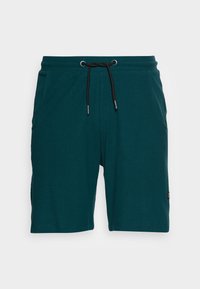 Türkise Shorts mit Struktur, elastischem Bund, schwarzem Zugband und seitlichen Taschen. Mit einem kleinen Logo-Patch an der unteren Seite.