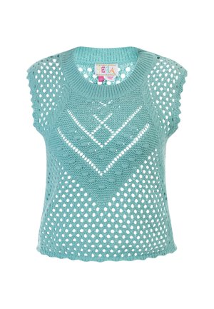 Světle modrý pletený top s otvoreným vzorom, krátkymi rukávmi, okrúhlym výstrihom a vlnitým lemom. Textúrovaný povrch s diamantovými akcentmi.