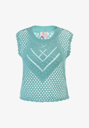 Jasnoniebieski dzianinowy top z otwartym wzorem, krótkimi rękawami, okrągłym dekoltem i falbaniastym wykończeniem. Teksturalne wykończenie z diamentowymi akcentami.