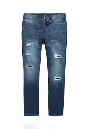 Blå denimjeans med revnet detalje foran, fem-lomme-design og et lige ben snit. Har knappelukning og bæltestropper.