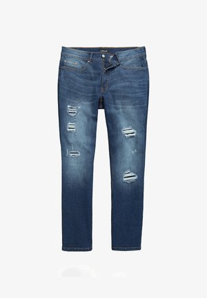 Blaue Jeans aus Denim mit Rissen auf der Vorderseite, Fünf-Taschen-Design und geradem Bein. Verfügt über einen Knopfverschluss und Gürtelschlaufen.