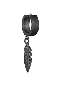 Svart metallringörhänge med en texturerad, hängande fjädersmycke med detaljerad ådring, som ger ett kontrasterande designelement.