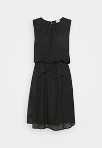 Schwarzes ärmelloses Kleid aus einem strukturierten, schimmernden Material. Es hat eine geraffte Taille und einen mehrschichtigen Rüschendetail am Saum.