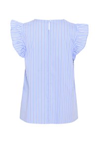 Blusa a righe blu e bianche con maniche corte a volant, scollatura rotonda e chiusura con bottoni sul retro. Tessuto con una texture liscia.