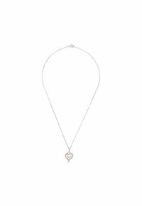 Silver chain necklace featuring a heart pendant with a rose gold accent and clear gemstone detail. Delicate, modern design with polished finish.