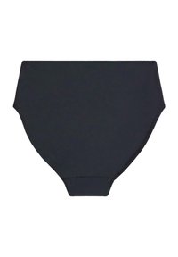 Vysoké černé plavkové kalhotky vyrobené z elastického materiálu, s vyztuženým švem a hladkým povrchem, vhodné pro vodní aktivity.