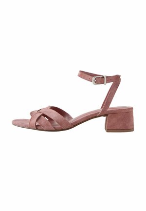 Rózsaszín színű, nyitott orrú szandál alacsony, blokksarkú, keresztpántos elülső résszel és állítható bokapánttal.