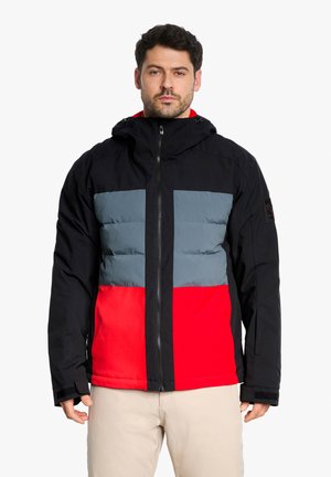 Menswear jacket featuring a black fabric with padded gray and red horizontal stripes, a hood, and front zipper. Textured accents on sleeves.