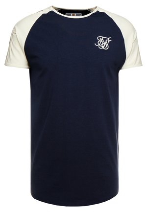Marineblaue kurzärmelige T-Shirt mit Rundhalsausschnitt, off-white Ärmeln und einem weißen gestickten Monogramm-Logo auf der linken Brust.