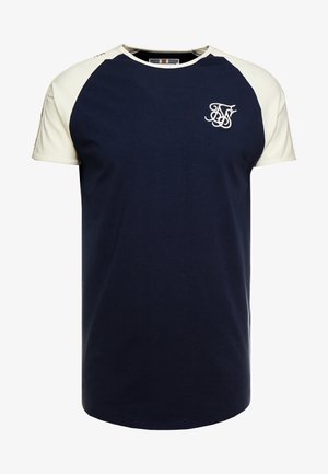Marineblaue kurzärmelige T-Shirt mit Rundhalsausschnitt, off-white Ärmeln und einem weißen gestickten Monogramm-Logo auf der linken Brust.
