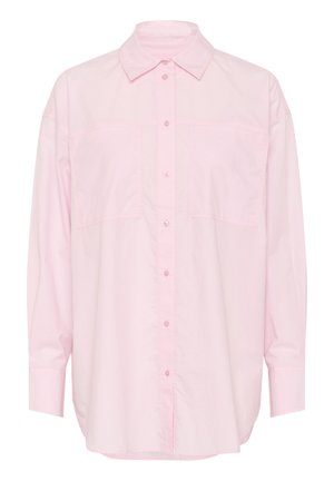 Camisa de botones de color rosa claro con cuello, mangas largas, dos bolsillos frontales y dobladillo recto. Confeccionada con suave tela de algodón.