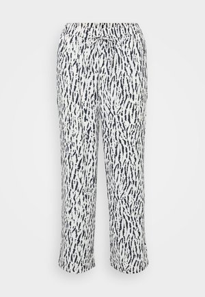 Mehki, lahki hlače v beli barvi z mornarsko modrim abstraktnim vzorcem. Imajo elastičen pas z vezalko za prilagodljivo prileganje.